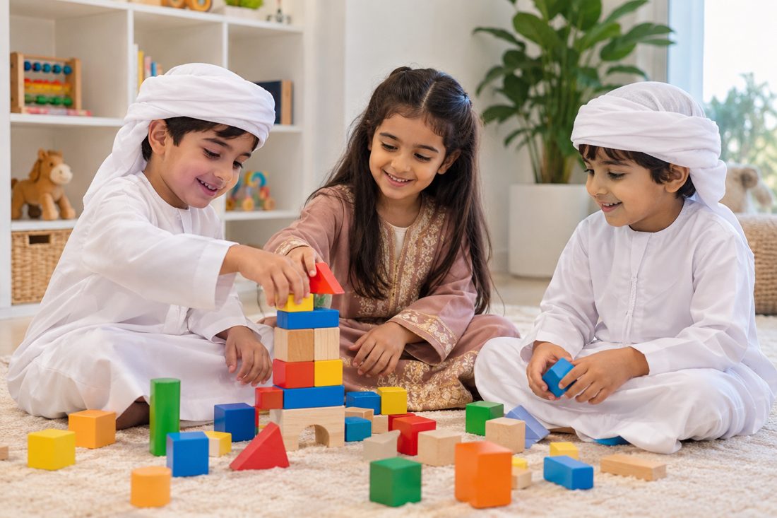 Children building with colourful wooden blocks in a playroom